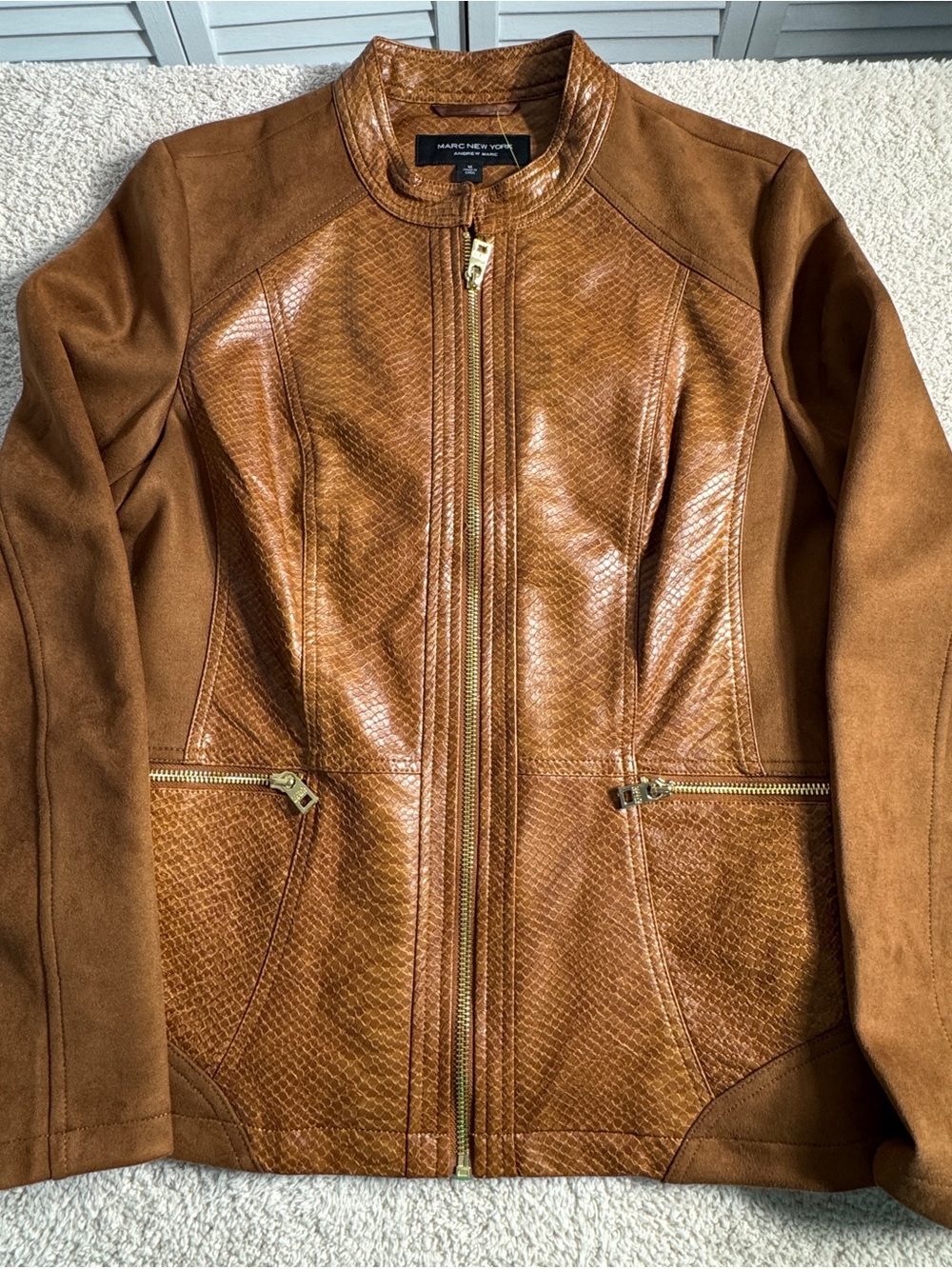 Marc New York Mixed Media Reptile Faux Leather Moto Jacket Brown M